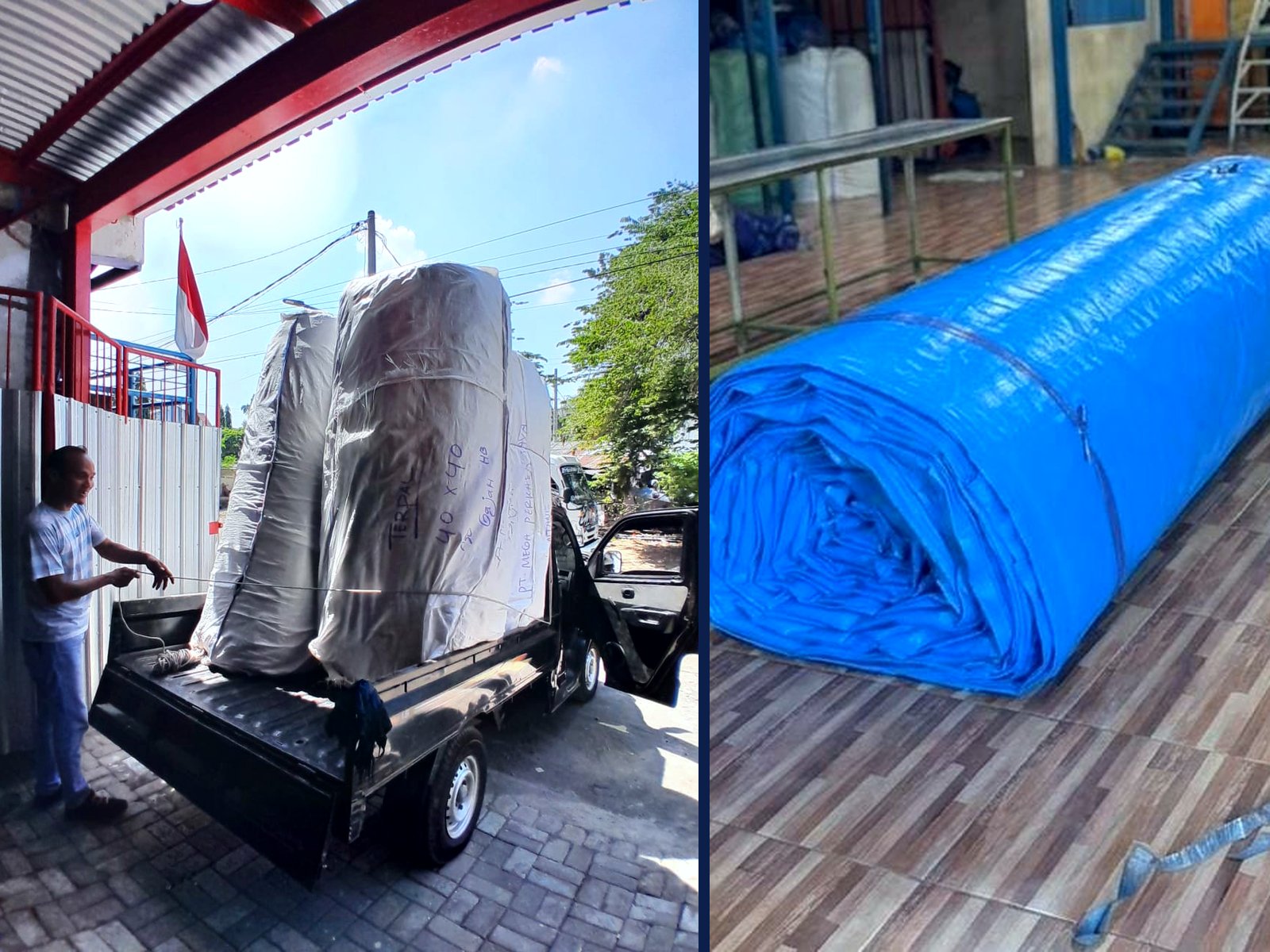 Gulungan terpal jumbo dimuat ke pick-up dan gulungan terpal biru tersusun di gudang pabrik
